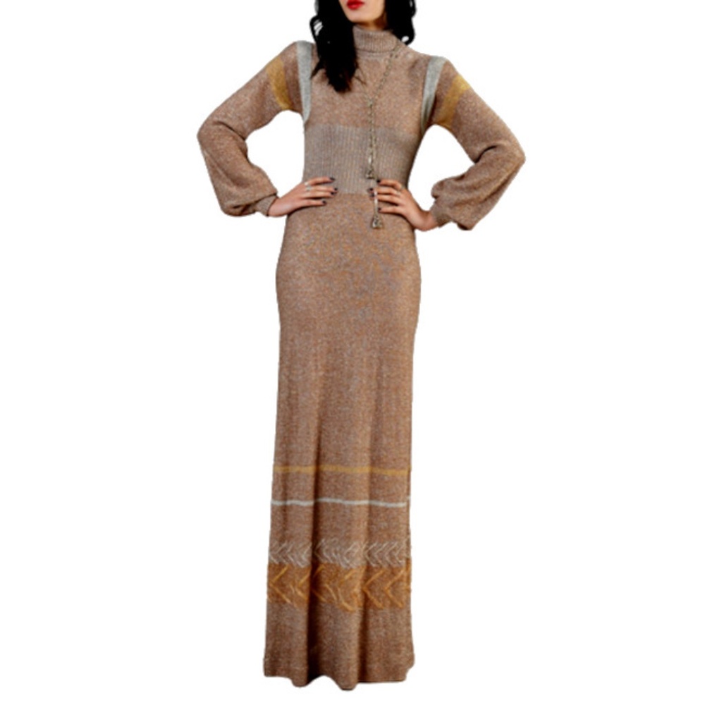 Vtg 70s Wenjilli Metallic Knit Maxi Dress 11/12